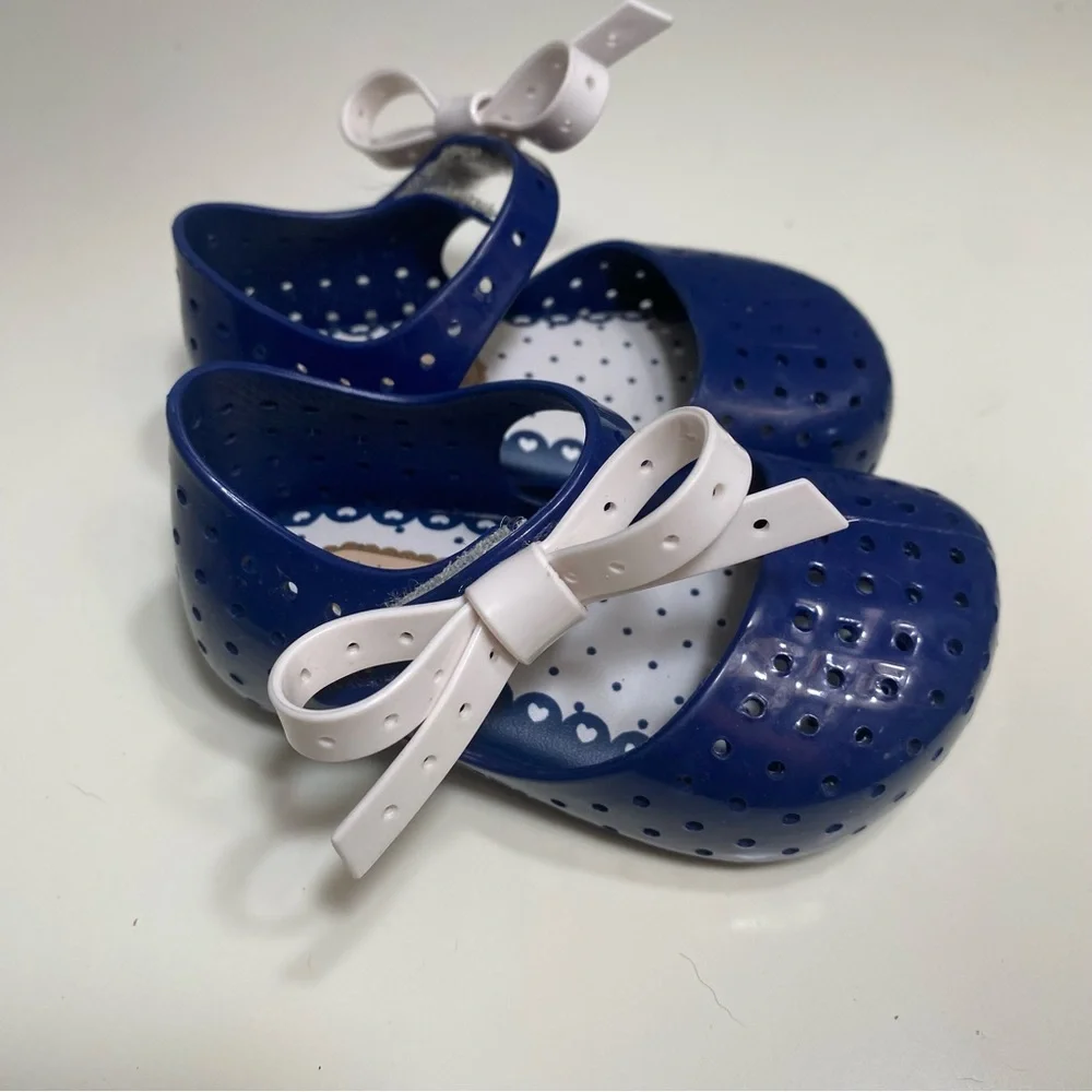 Mini Melissa Navy Mary Jane Sandals Toddler Little Girls Sz 5‎ White Snap On Bow